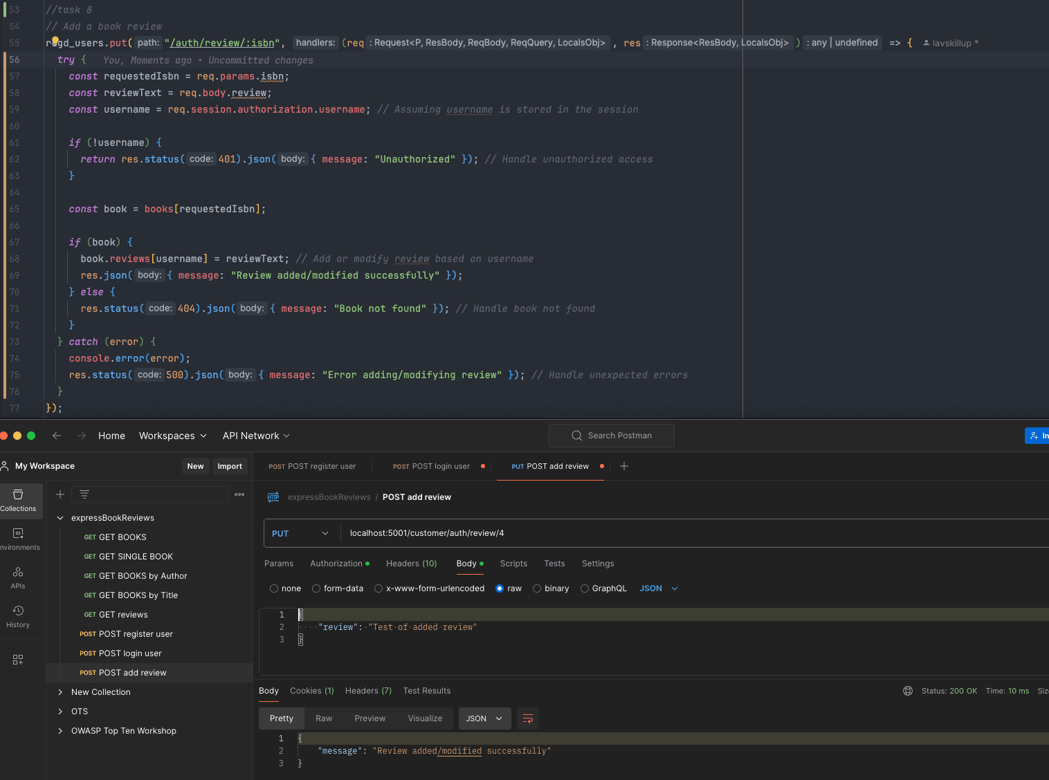 Screenshot of the express book review project.