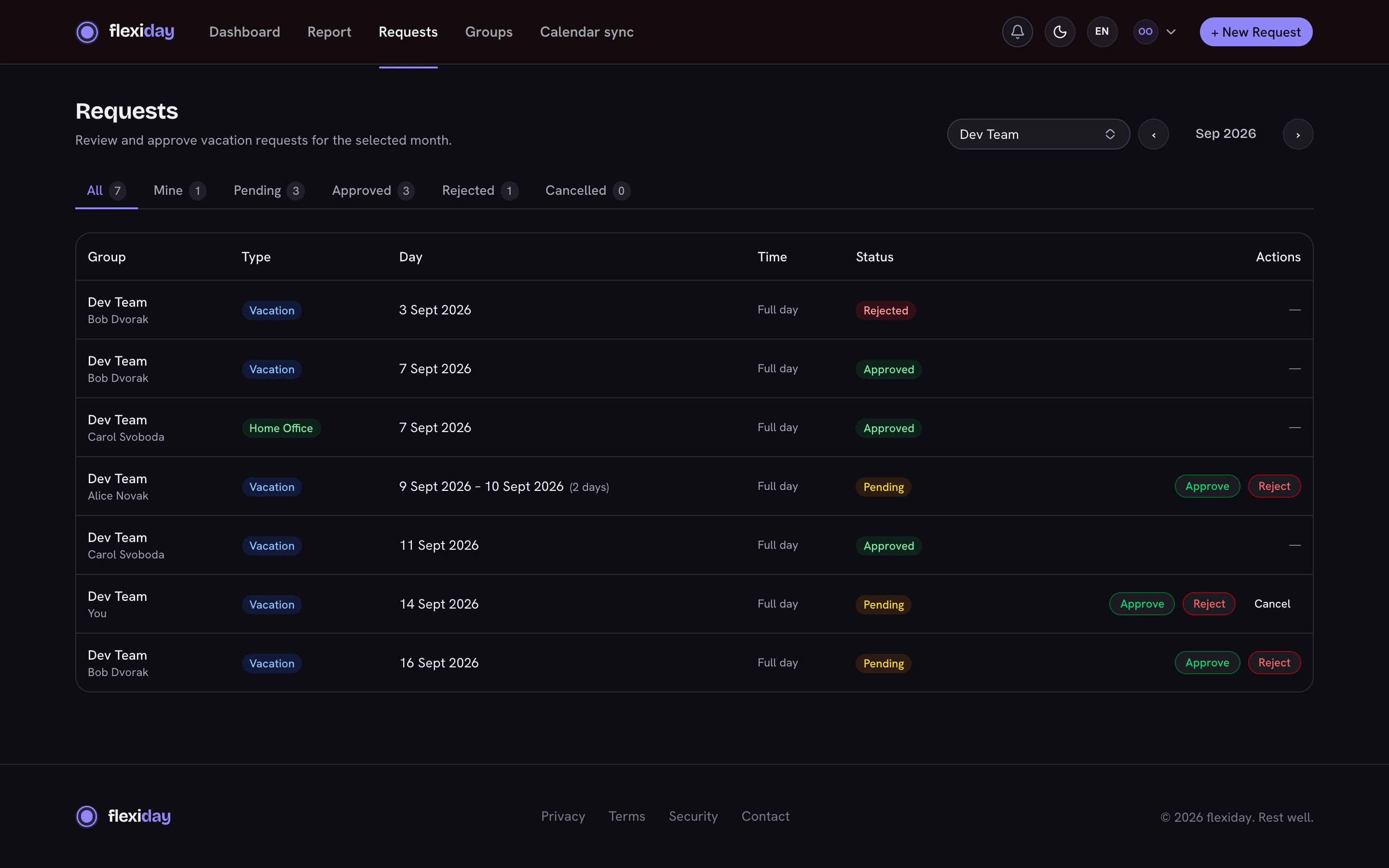 The requests page listing each request with its type, dates, state and the approve and decline actions.